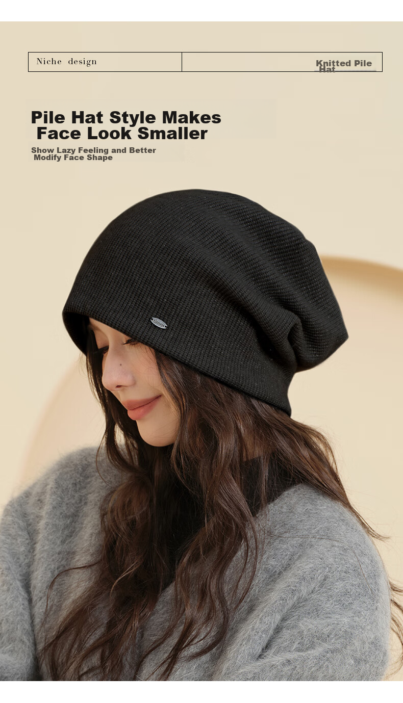 CACUSS Women's Spring And Autumn Slouchy Pullover Cold Hat, Warm Knitted Beanie, Large Head Circumference, Hooded Hat, Windproof Wool Hat, Black 4