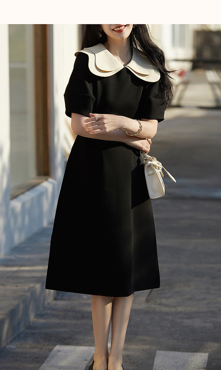 Dme [Young Noble] Spring and Autumn French Petal Collar Little Black Dress 350G Air Layer Contrast Color Dress for Wome 22