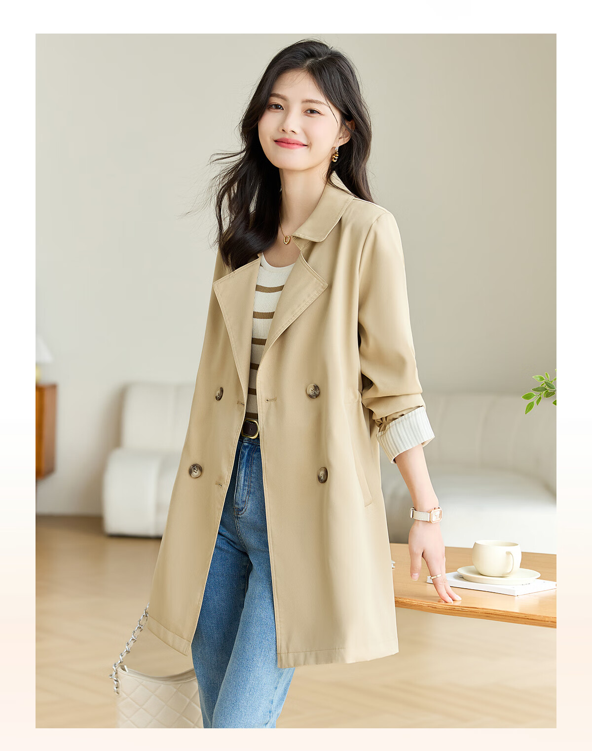She Enjoy Casual Women's Mid-Length Trench Coat Blazer Collar Fashion Simple Jacket T13KF7478 2