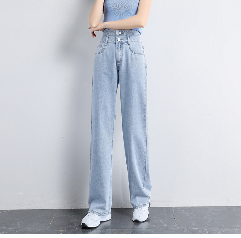 Jeanswest Women's High-Waisted Slimming Straight-Leg Wide-Leg Jeans with Design Flair, Summer Style, Light Blue, Size L 17