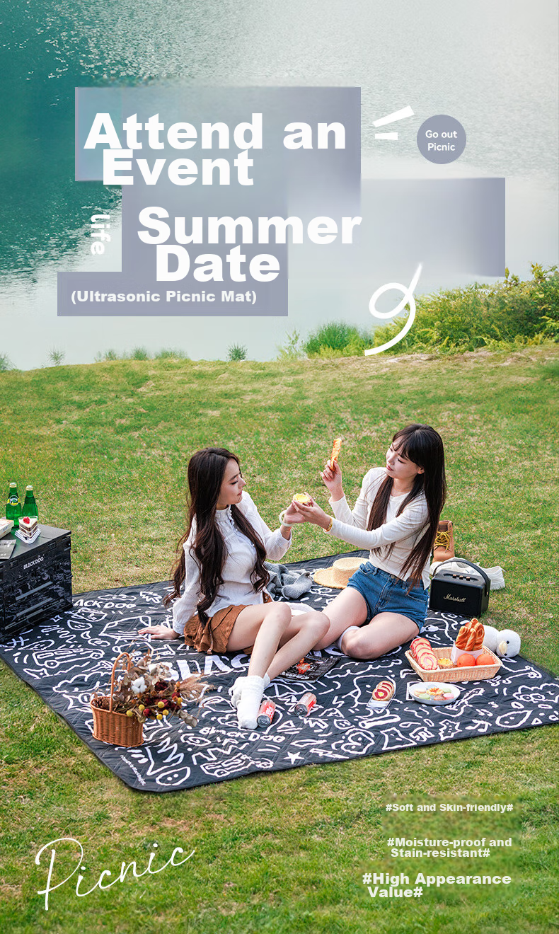 Black Dog Ultrasonic Picnic Mat, Moisture-Proof Mat, Park Outdoor Portable Ground Mat, Floor Mat, Night Black, 2*2m 1