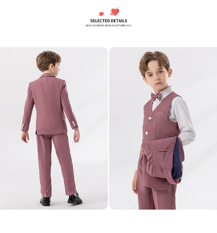 LUOBOBEIBEI Children's Small Suit, Handsome Boys' British Style Blazer Jacket, Spring New Year Outfit, Pink Four-Piece Set, Size 140 3