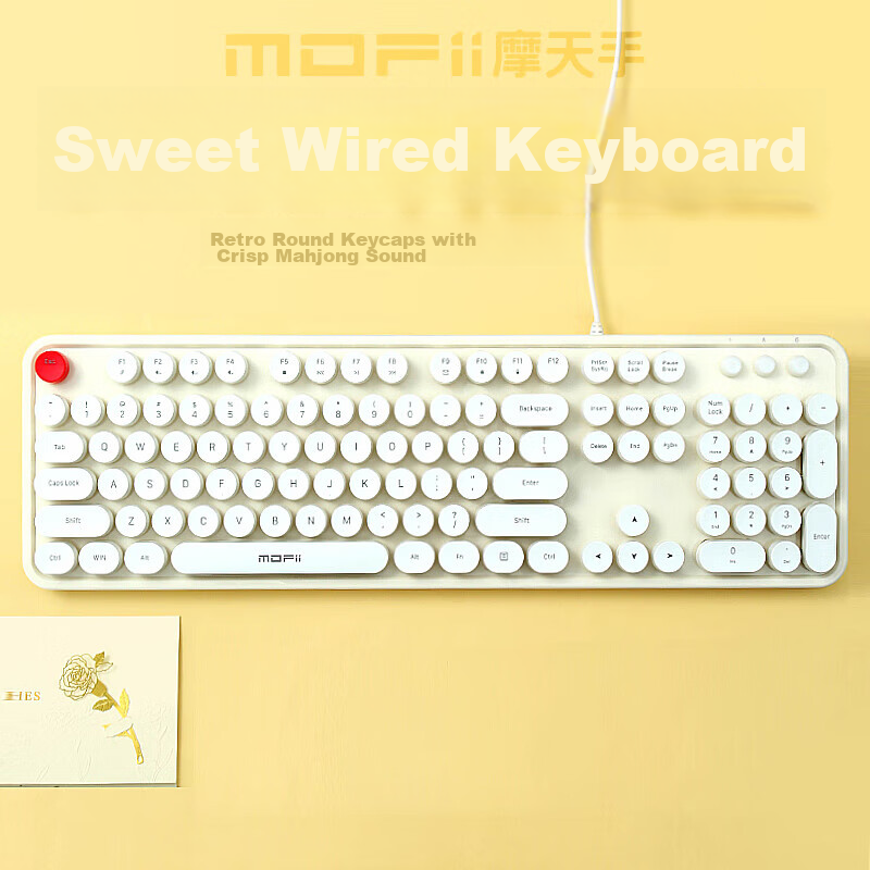 Mofii Sweet Wired Keyboard for Women, Chocolate Mahjong Sound Retro Dotted Desktop Laptop Office Keyboard, Beige