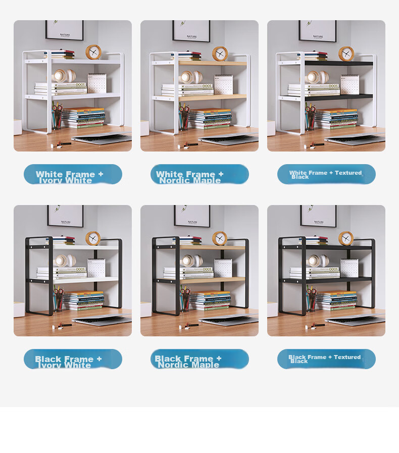 Anerya Desktop Bookshelf, Multi-Layer Iron Art Storage Rack for Books, Double-Layer Nordic Maple Wood - White Frame 40cm Long 13