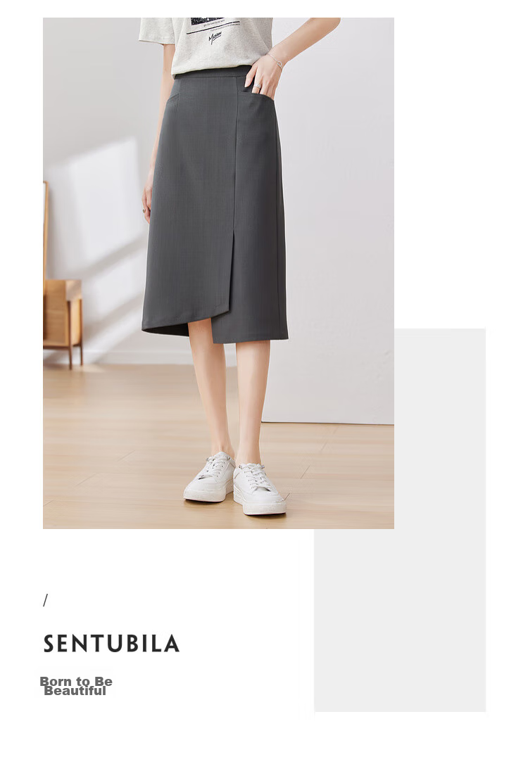 Sentubila Stylish Asymmetric Slit Midi Skirt, Urban Commuter Irregular High-Waisted Pencil Skirt, Gray, S 14