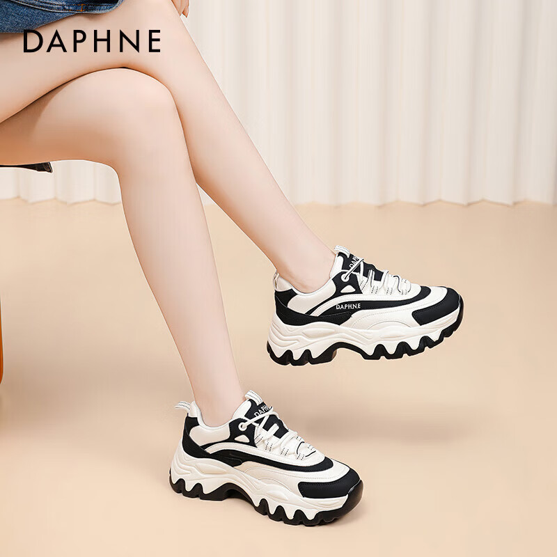 DAPHNE Chunky Dad Sneakers for Women, Spring And Autumn Casual Versatile Height-Increasing Ins Panda Sports Shoes, White And Black, Size 36