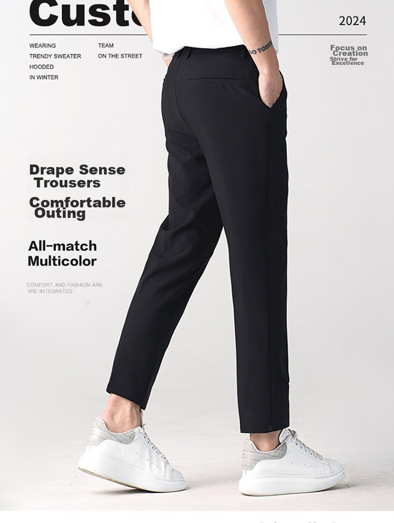 Dingfengbaoluo Men's Suit Pants, Summer Business Formal Wear, Straight-Leg Casual Versatile Slim-Fit Wrinkle-Resistant Cropped Trousers, AM503 Black Size 33 3