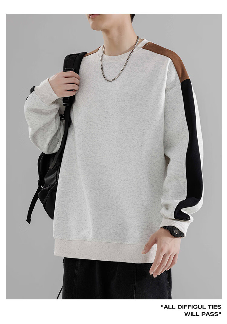 Foss Phil Crew Neck Sweatshirt for Men, Spring And Autumn Loose Casual Patchwork Color-Block Trendy T-Shirt Top 8883 Black M 9
