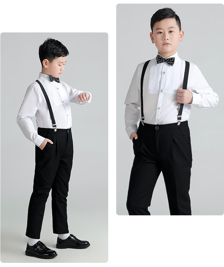 LUOBOBEIBEI Plus-Size Boys' Formal Wear, New Year's Outfit for Older Children, Enlarged Shirt And Suspender Pants, Black Four-Piece Set, Size 150 15