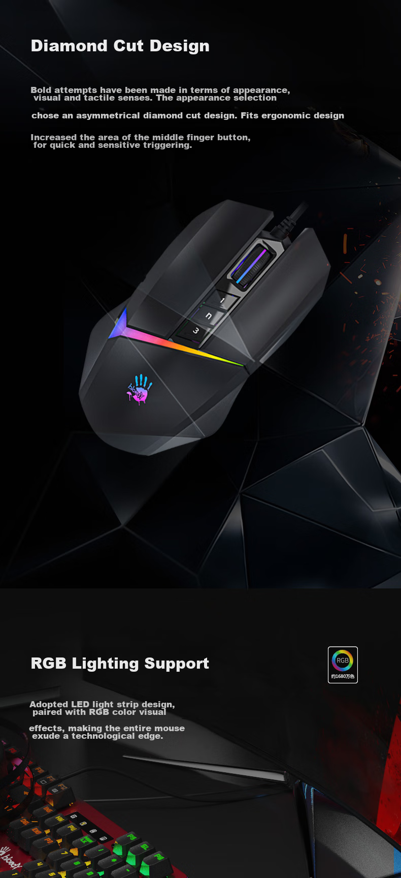 A4TECH V8MMax Large Right-Hand Wired Mouse, Gaming Mouse, E-Sports Mouse, Triangular Mouse for Gaming, Blood Hand Phantom, Black, Wired 9
