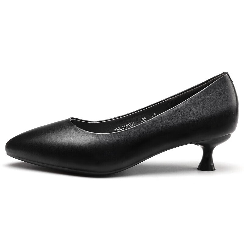 Qiangren Pointed Toe Women's Flats, Shallow Mouth Mid-Heel Breathable Leather Shoes, 4CM Work High Heels, JDLA170001, Black, Size 35
