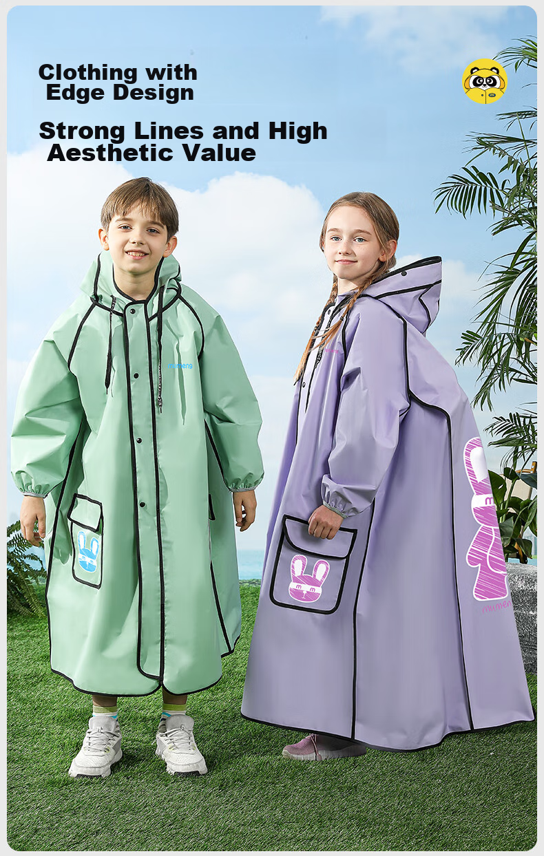 Moremerry Children's Raincoat for Boys And Girls with Backpack Space, Full-Body Waterproof Poncho for School-Age Kids, Pine Green Elephant Pattern, XL Size 4