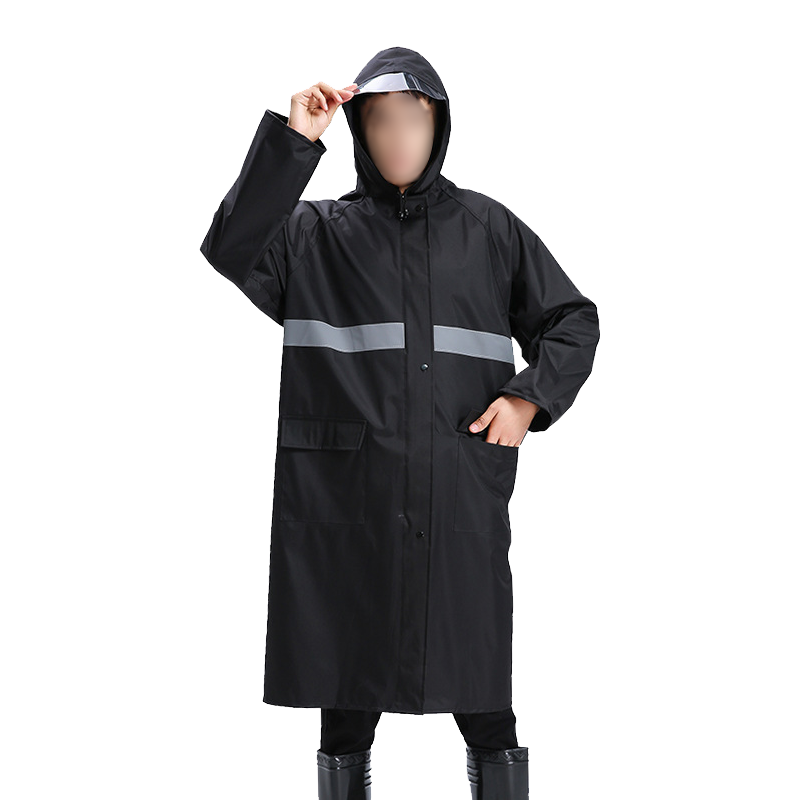 Ansell Long Trench Coat Style Raincoat Adult Long Raincoat Anti-Heavy Rain Flood Reflective Hooded Outdoor Security Duty Construction Labor Rain Poncho Black [3XL Fits 140-170 lbs] 28735