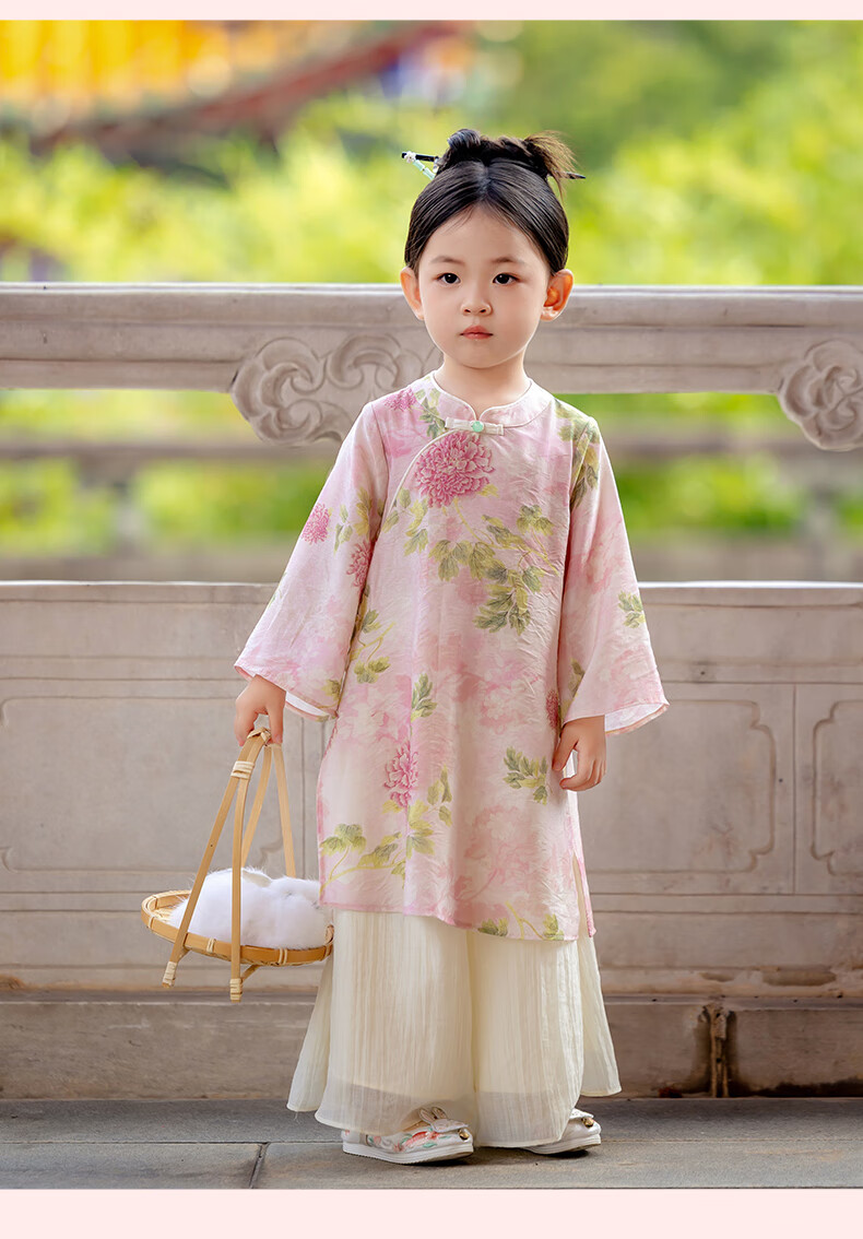 Menghu Ruoli Hanfu Girls' 2026 Spring New Chinese-Style Set, Vintage-Style Long-Sleeve National Style Parent-Child Outfit, Pink Floral Pattern, Size 150 11