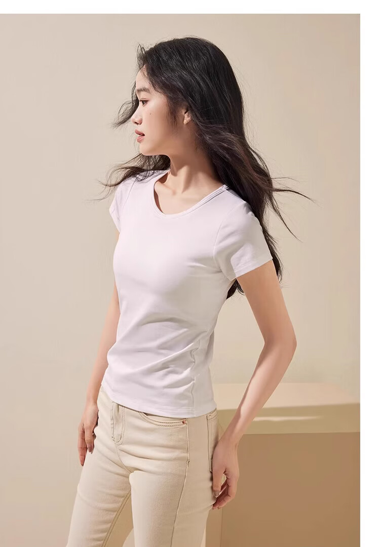LangSha Women's T-Shirt, Spring And Summer Thin Style, Slimming Round Neck, Solid Color Cotton Base Layer, Versatile Breathable Women's Casual Short Sleeve 17