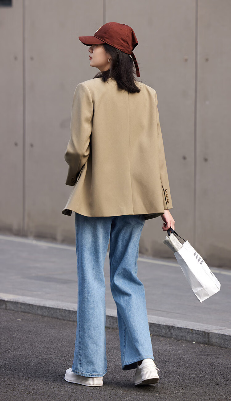 Dme [Turn-Down Collar Blazer] Spring Top, Curved Hem, Loose Suit Jacket for Women, Khaki, Size S 4