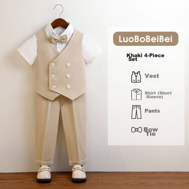 LUOBOBEIBEI Children's Formal Wear Spring Outfit, British-Style Vest Set for Boys, Flower Boy Wedding And Chinese New Year Attire, Khaki Four-Piece Set, Size 110