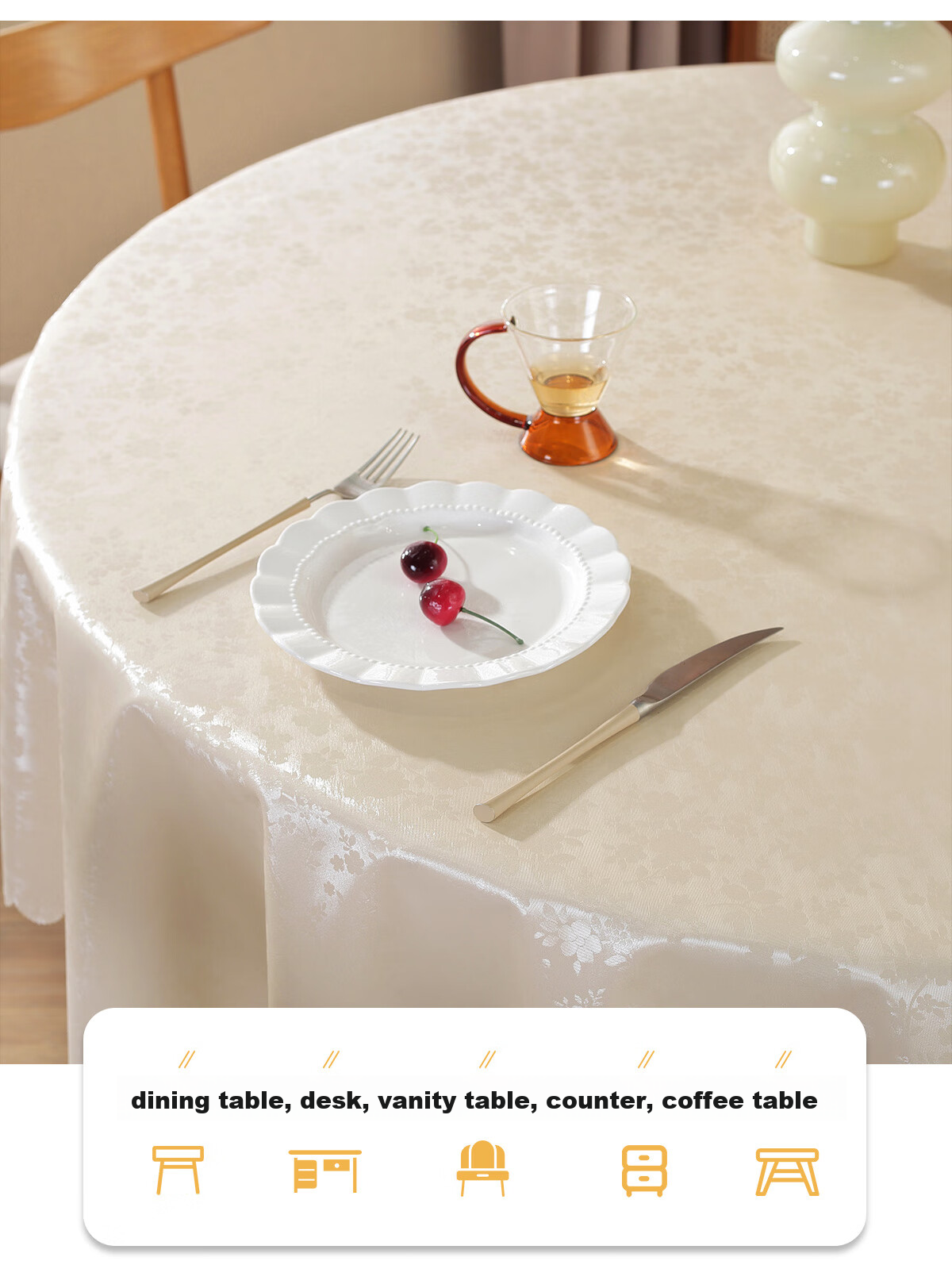 Mihua Round Tablecloth, Waterproof, Oil-Proof, Heat-Resistant, Washable-Free, Circular Dining Table Cover, Coffee Table Cloth, 180*180cm, Rose Champagne Color 10