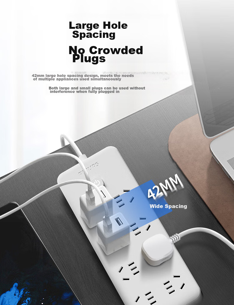 PHILIPS New National Standard Power Strip with 6 Outlets And Combination Holes, Overload Protection, Master Switch, 2.8m Extension Cord for Children's Safety, Dormitory Power Strip/Extension Cord/Power Board 9