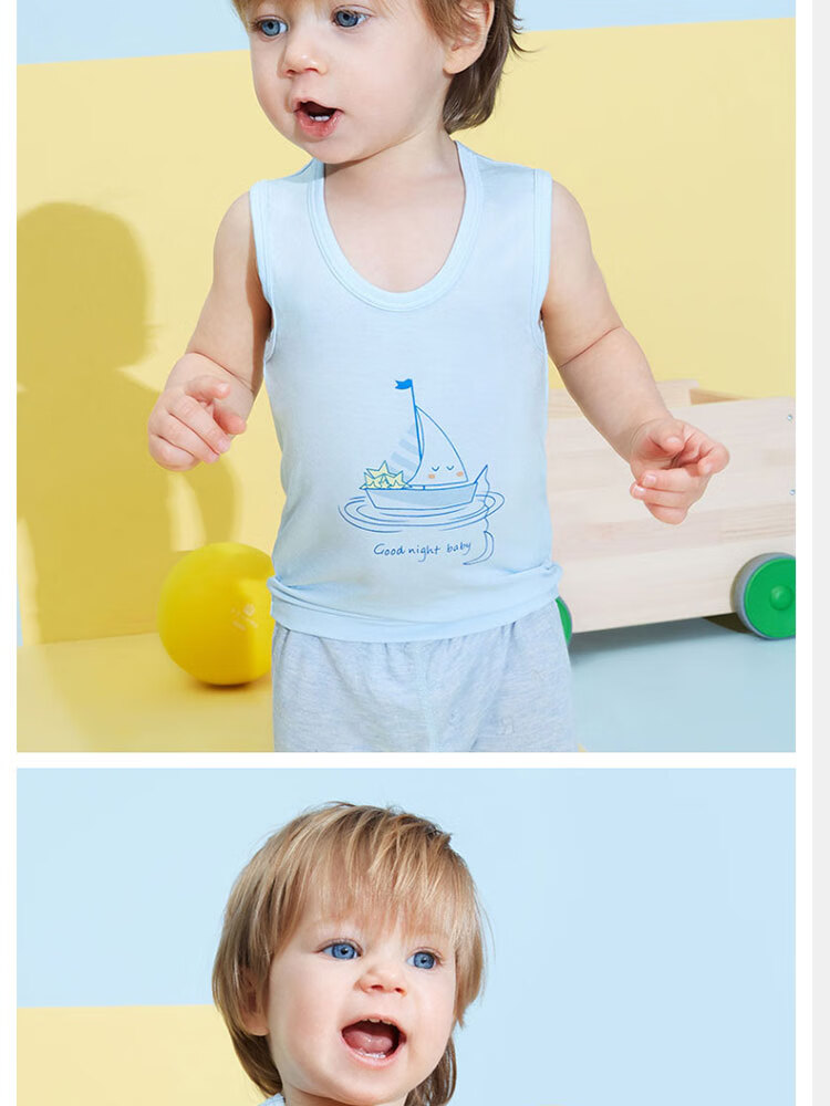 Aimer Kids Boys' Underwear Vest, 2-Pack Modal Undershirt Vest, Star Ship Pattern, White + Blue, Size 90 3