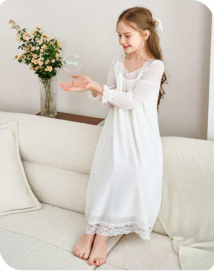 YEEHOO [50S Modal] Children's Nightgown, Soft And Comfortable Princess-Style Home Sleepwear for Girls, White, Size 120 6