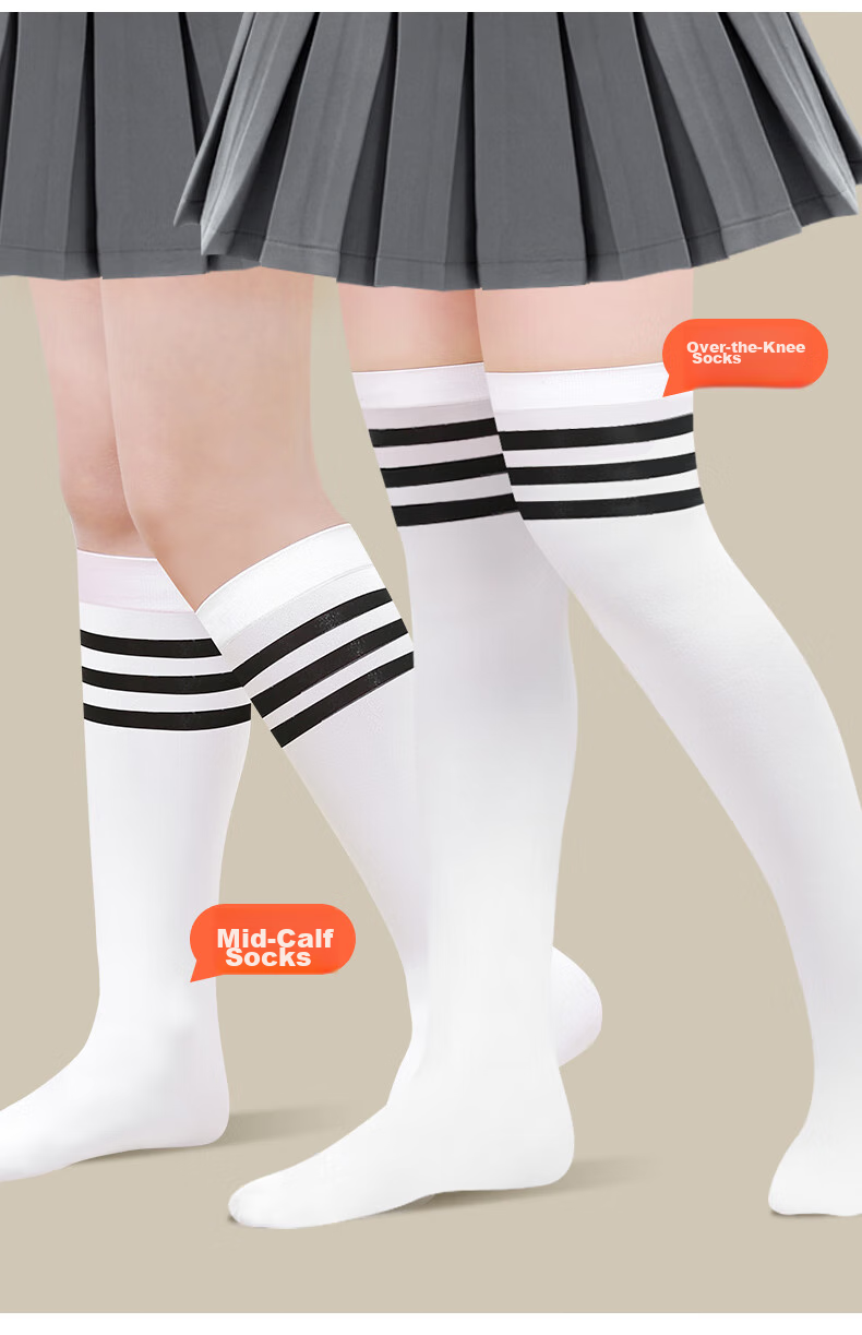 Barbie Girls' Mid-Calf Socks, Summer Thin Over-Knee Children's Long Socks, White High Socks, School Uniform Style, Black + Red, Size L 9