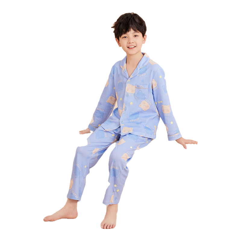 Hodo Children's Pajamas, Spring And Autumn Season, Boys And Girls Pure Cotton Home Wear Set, Long-Sleeve Long Pants Two-Piece Suit, J3159 Light Blue, Size 140