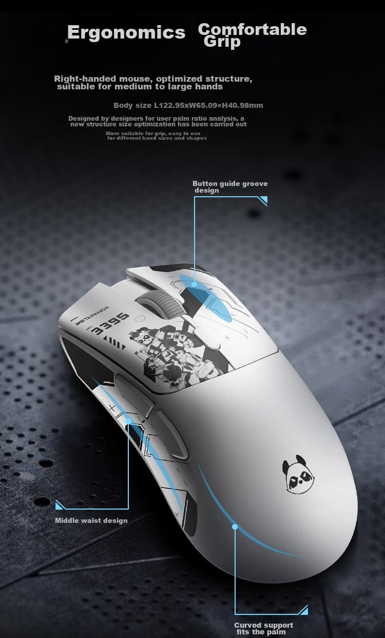 Xuanpai Panda Gaming Mouse P1 Pro, Large And Medium Hand Wireless 4K/Bluetooth/Wired, PAW3395 Tri-Mode E-Sports Wireless Office Mouse for Right-Handed Users, Black 8