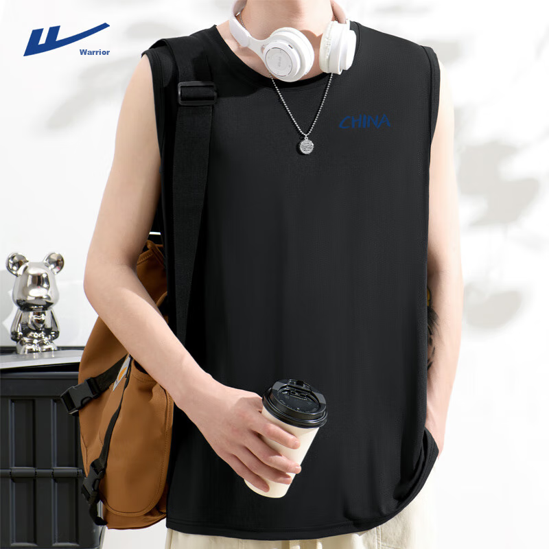Warrior Men's Tank Top, Summer Outdoor Sports Wide-Shoulder Vest, Loose-Fitting Sleeveless Thin Vest for Chubby People, Black, Size L