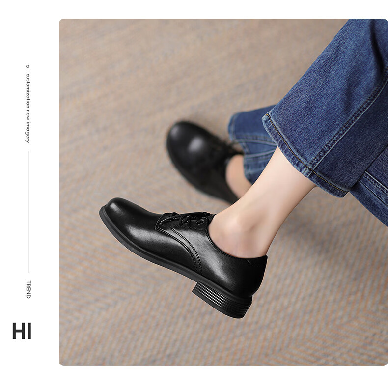 ZHR British Style Women's Leather Shoes with Round Toe And Lace-Up, Genuine Leather Chunky Heel Pumps AY127 Black Size 37 11