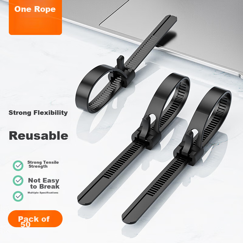 CABLE CREATION DZ24 Loose Nylon Cable Ties with Retractable Buckle, Large And Small Sizes, Self-Locking Reusable Wire Organizer Ties with Snap Fasteners in Multiple Sizes, Black, 50 Pieces Per Pack