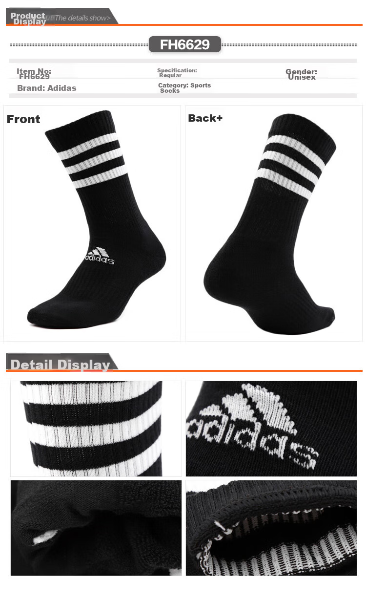 Adidas ADIDAS Men's And Women's Accessories Series 3S CSH CRW1P Sports Socks FH6628 Size M 2