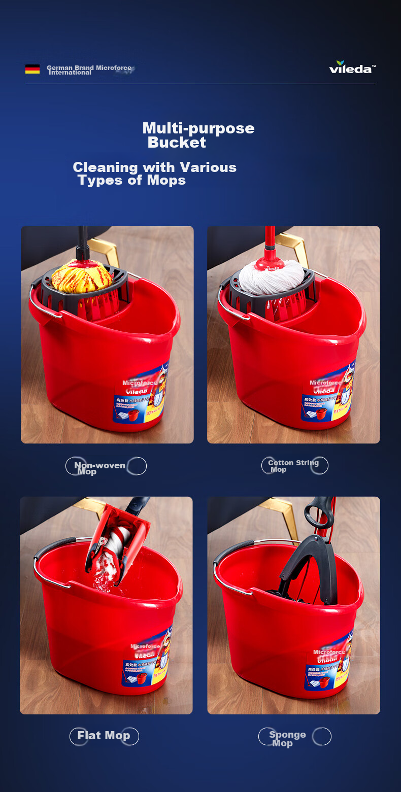 Vileda Mop-Specific Wringer Bucket Compatible with Non-Woven Blue Mop Cloth, White Cotton Mop, Traditional Hand-Pressed Wringer, Squeezing Water Bucket 4