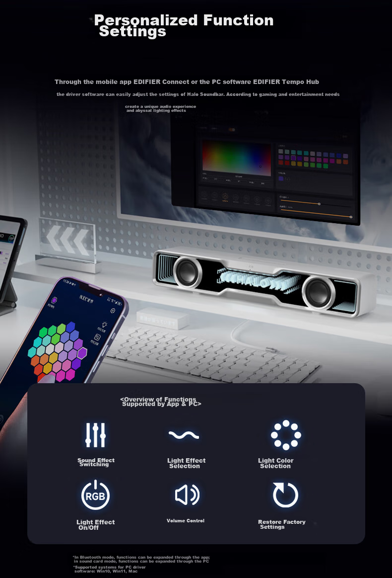EDIFIER Halo SoundBar Desktop Bluetooth Speaker, High-Fidelity Computer Gaming Speaker, RGB Lighting Effects, Dawn White 12