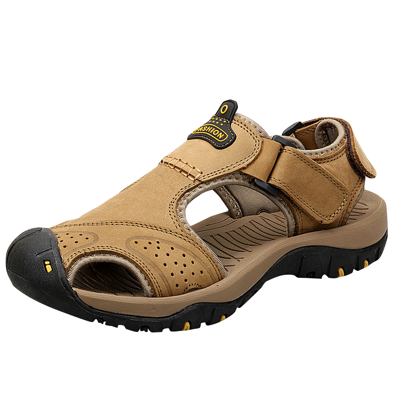 CARTELO Men's Sandals, Summer Roman-Style Closed-Toe Beach Shoes, Top-Grain Leather Perforated Shoes for Men, CS01, Khaki, Size 40