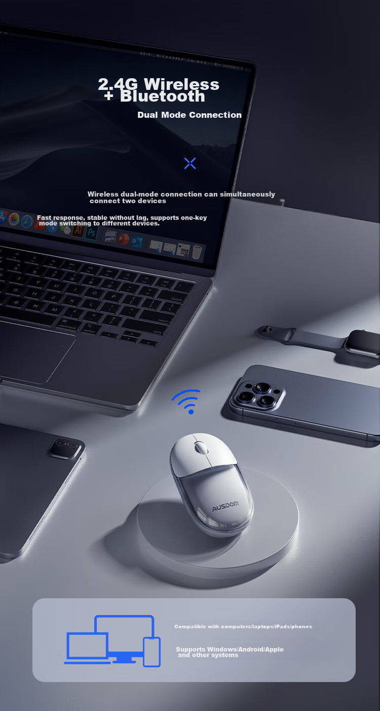 AUSDOM F01 Mouse, Bluetooth Wireless 2.4G Dual-Mode Transparent Mouse, for Home And Office Use, Rechargeable, Computer Laptop Silent White Light, High Aesthetic Value for Women, G04 Recommended Crystal White 4