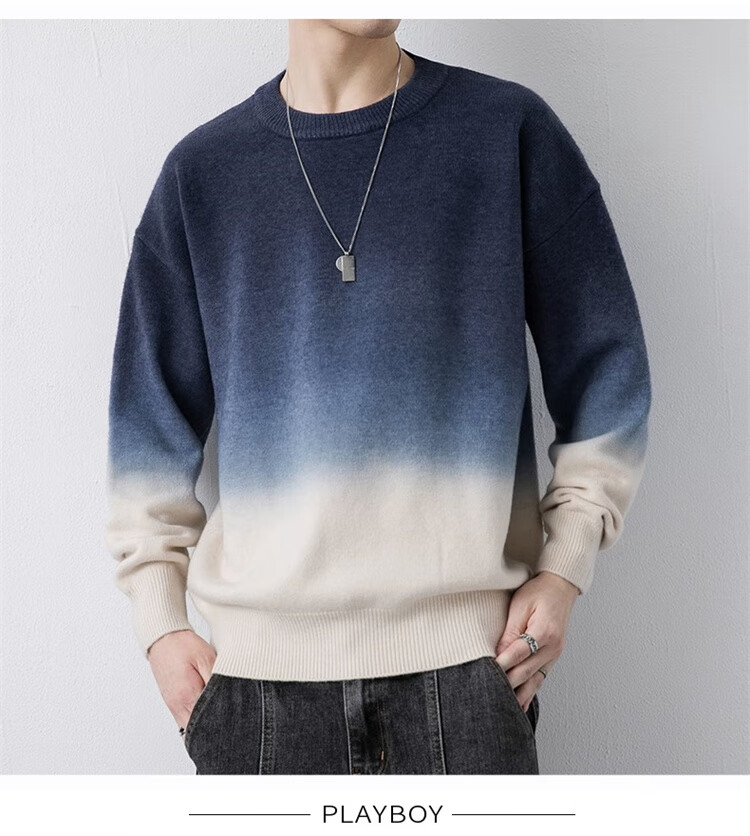 PLAYBOY Men's Crew Neck Sweater Autumn Winter Knitwear Jacket Blue and White 3XL 6