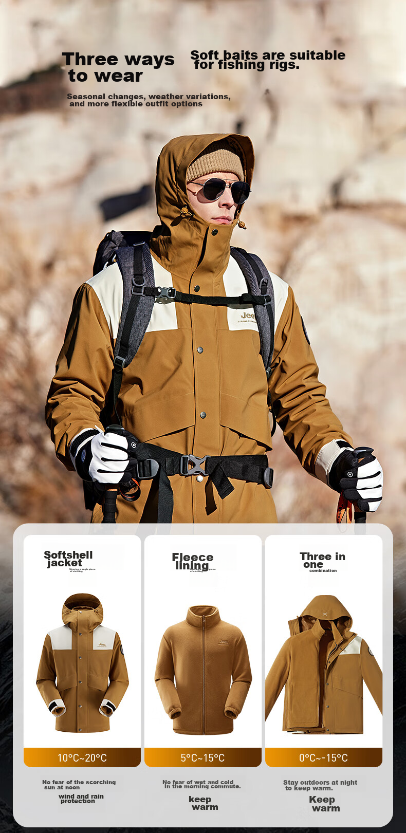 Jeep Men's And Women's Three-In Outdoor Hardshell Windproof Waterproof Mountaineering Jacket, Detachable Fleece-Lined Coat, Jungle Gree 5