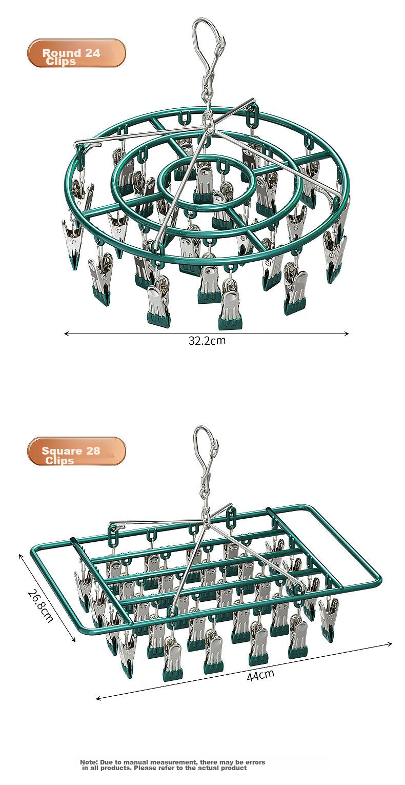 Jingxun Clothes Hanger with Sock Clips, 24 Clips Solid Multi-Head Drying Clips Multifunctional Windproof Sock Clips Round Gree 14