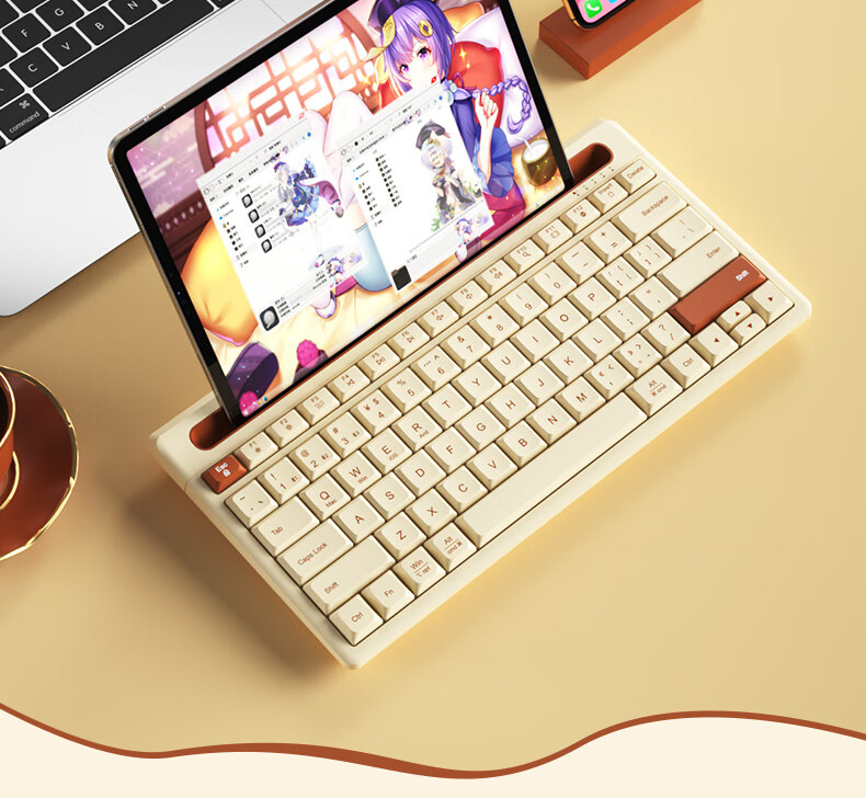 B.O.W Hangshi K150B Wireless Bluetooth Keyboard with Card Slot Stand for iPad, Phone, Tablet, Laptop, 79-Key Quiet Keyboard, Latte Color 1