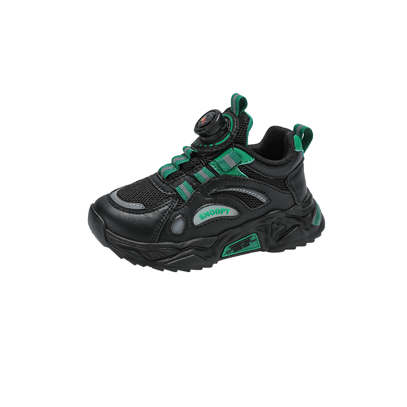SNOOPY Children's Sneakers, Boys And Girls Sports Shoes, Mesh Dad Shoes, Lightweight Soft-Soled Running Shoes, 0398 Black And Green, Size 32