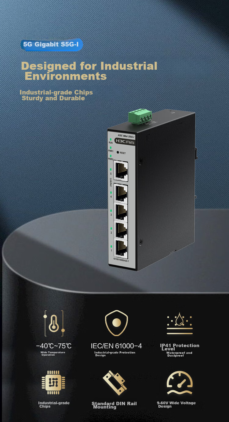 H3C 5-Port Gigabit Industrial Switch, Industrial-Grade Enterprise-Level Network Monitoring Splitter Hub Converter Rail-Mounted Wide Temperature IP41 Waterproof And Dustproof S5G-I 3