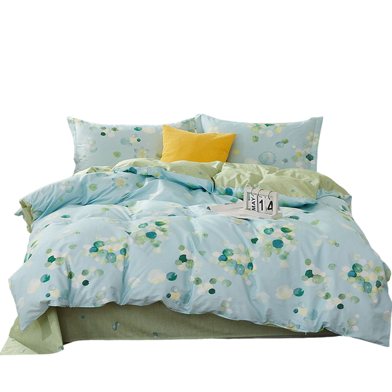 Hengyuanxiang Pure Cotton Four-Piece Bedding Set with Antibacterial Printed Fabric, Ultra-Soft Skin-Friendly Bedding (Duvet Cover 2.2*2.4m) Good Luck Lotus Blue
