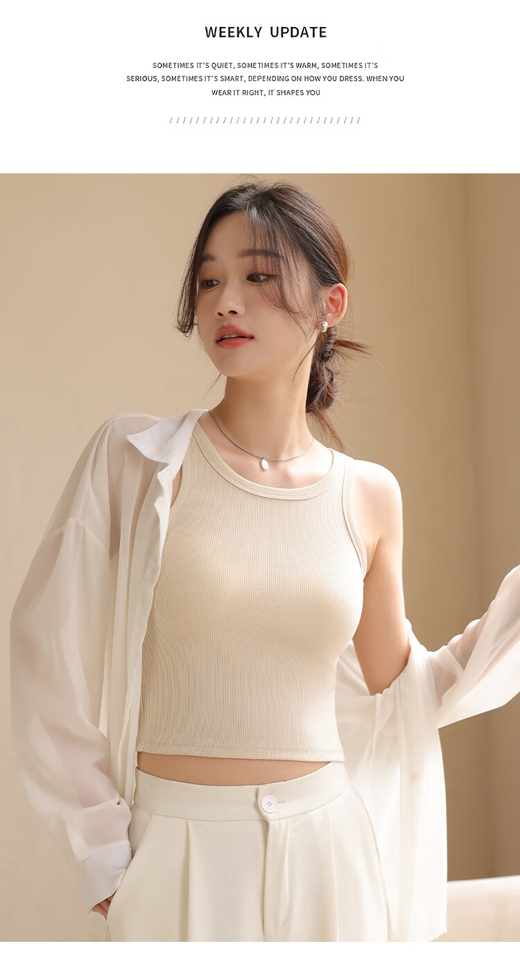 Hengyuanxiang [Pure Cotton] Women's Camisole Tank Top, Beautiful Back Design, Can Be Worn As Outerwear, Round Neck - Gray 23