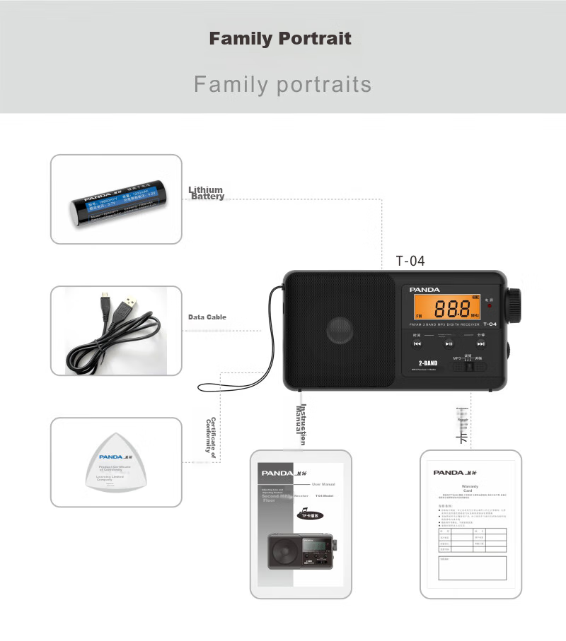 Panda T-02 All-Band Radio, Elderly Gift, TF Card Slot, Portable, Old-Style Rechargeable, Car-Mounted Backup, Semiconductor, Black 17