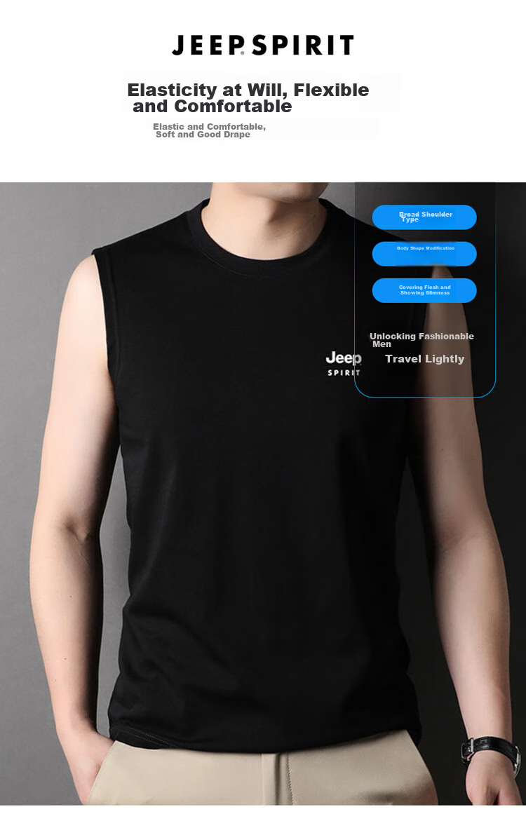 JEEP SPIRIT Cotton Tank Top for Men, Summer Round Neck Sleeveless Tee, Men's Wearable Elastic Undershirt, Black, 3XL 4