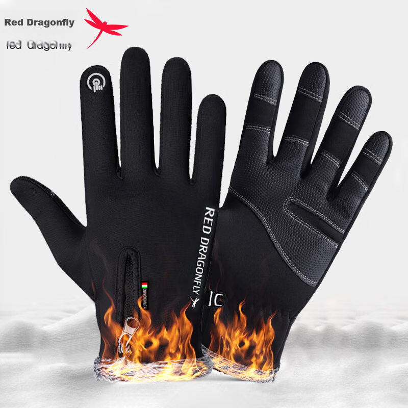 RED DRAGONFLY Cycling Gloves for Men, Winter Outdoor Sports Windproof Water-Resistant Running Hiking Gloves, Warm Fleece-Lined Touchscreen Gloves
