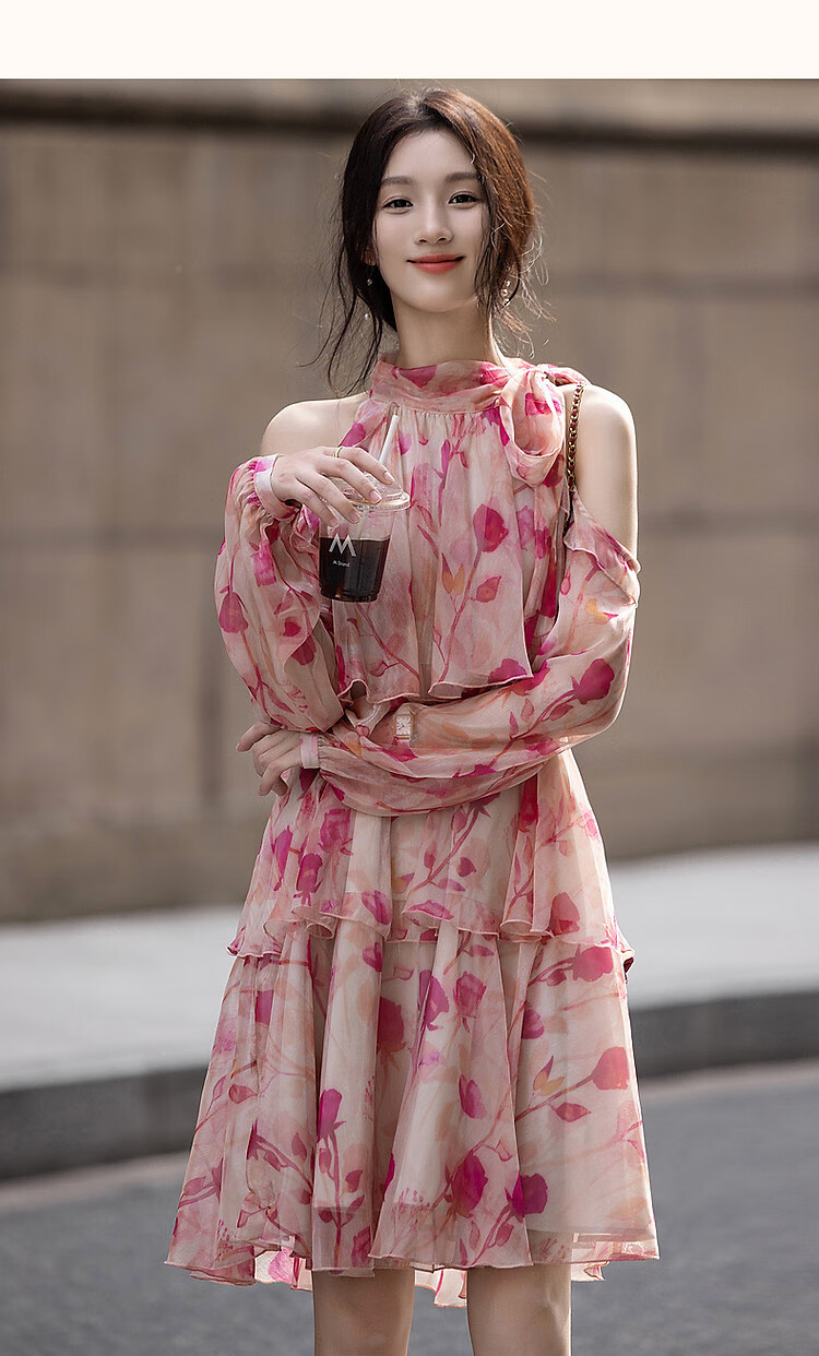 Demana [Hot Valley Eternal Summer] Spring Summer Elegant Off-Shoulder Tie Diamond Chiffon Gradient Print Dress for Women 11