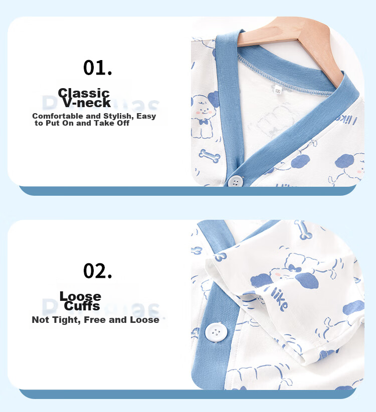 LangSha Children's Pajamas, Boys' Summer Thin V-Neck Short-Sleeve Set, Pure Cotton, Middle School Students' Loungewear Set, Size 120 17