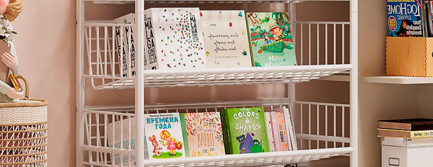 Milin Bookshelf Picture Book Rack Toy Storage Shelf Multi-layer Floor-standing Storage Rack Four Layers with Wheels 3